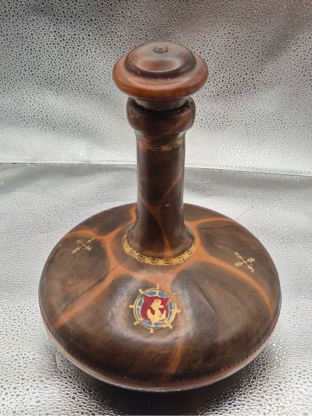 Vintage Decanter or Jug in Leather with Nautical Anchor Emblem - Made In Italy